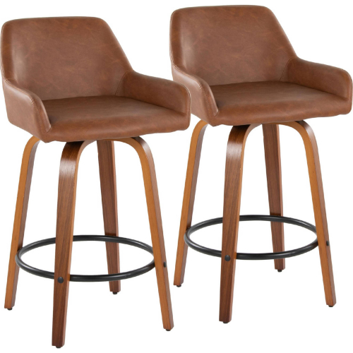 Daniella 26" Swivel Counter Stool in Walnut Wood & Camel Leatherette w/ Black Footrest (Set of 2)